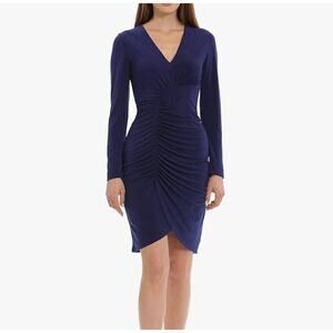 Maggy London Long Sleeve V-Neck Sheath Dress Size 6 Blue Draped Ruched Stretch